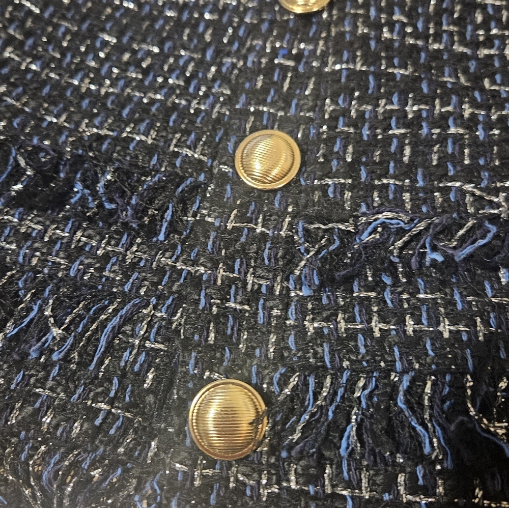 Womens Navy Tweed Fringe Button Jacket - Picture 2 of 4